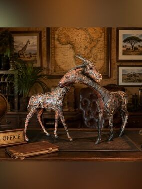 Handcrafted Vintage Painted Leather-Wrapped Giraffe Sculptures - Set of 2